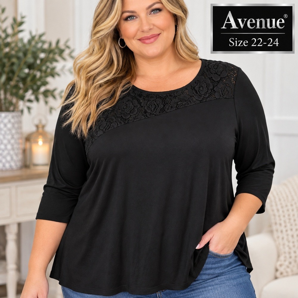 Avenue Black Lace Yoke Top Plus Size 22/24 3/4 Sleeve Knit Blouse